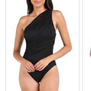NEW La Blanca Island Goddess Shirred One Shoulder One-Piece Swimsuit In black